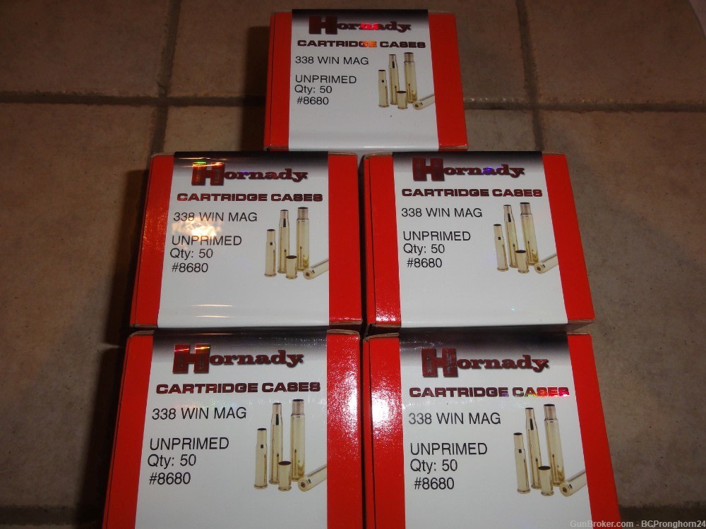 250 Rnds New, Unfired Hornady Brass for .338 Winchester Magnum, MPN 8680-img-0
