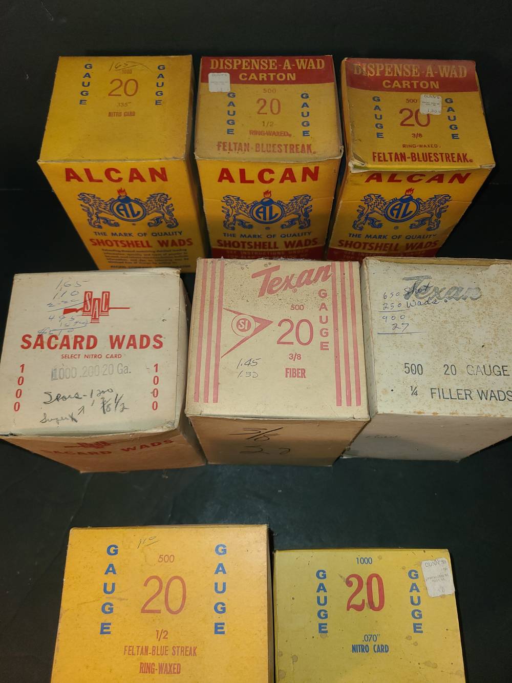 8 vintage boxes of 20 ga shot shell reloading wads by Alcon Sacard Texan-img-1