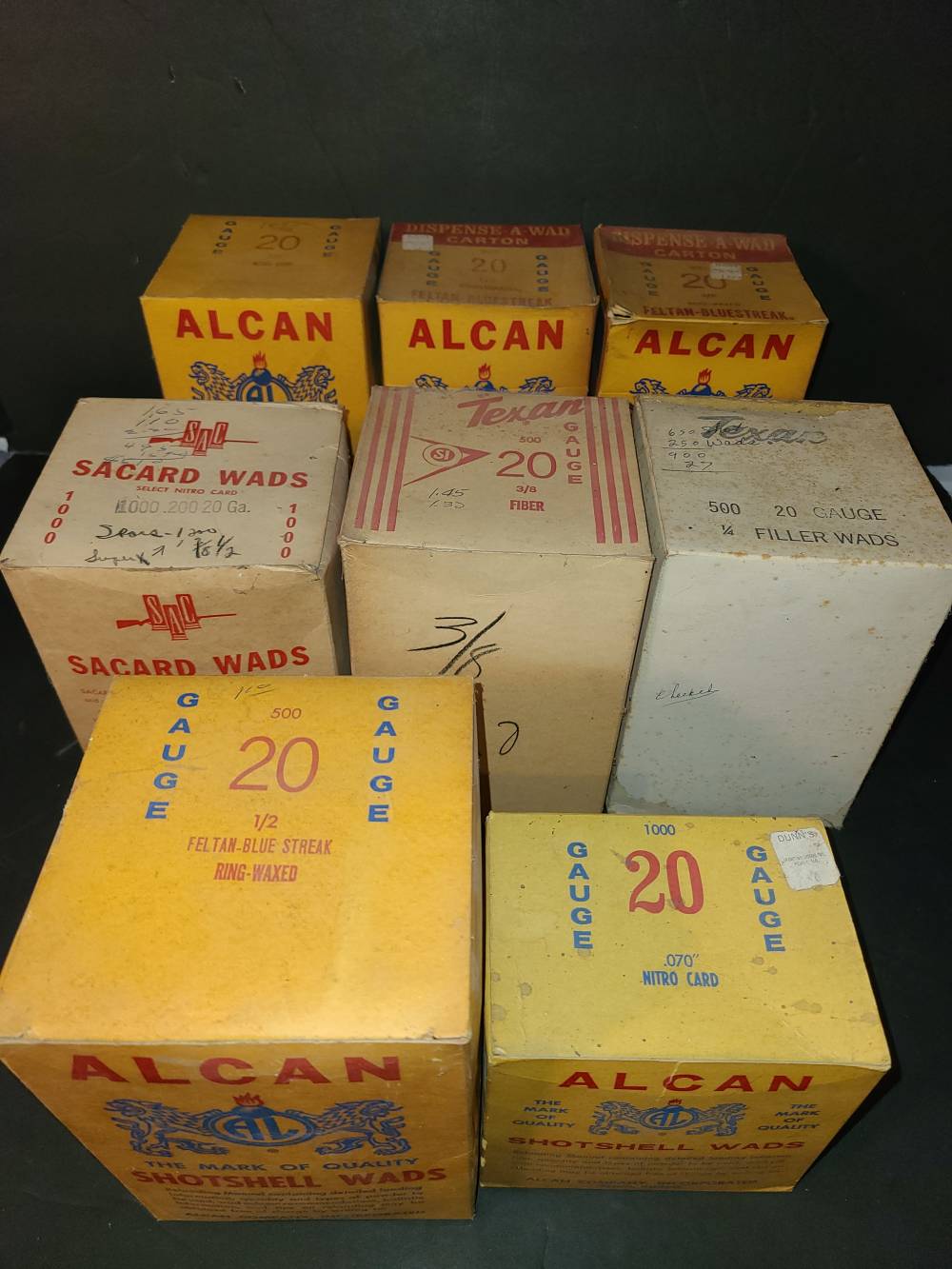 8 vintage boxes of 20 ga shot shell reloading wads by Alcon Sacard Texan-img-0