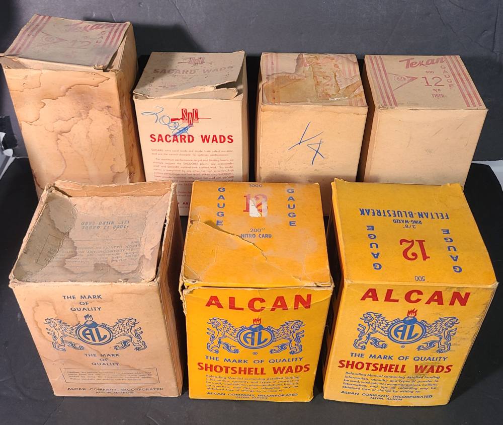 7 vintage boxes of 12 ga shot shell reloading wads by Alcan Sacard Texan-img-0