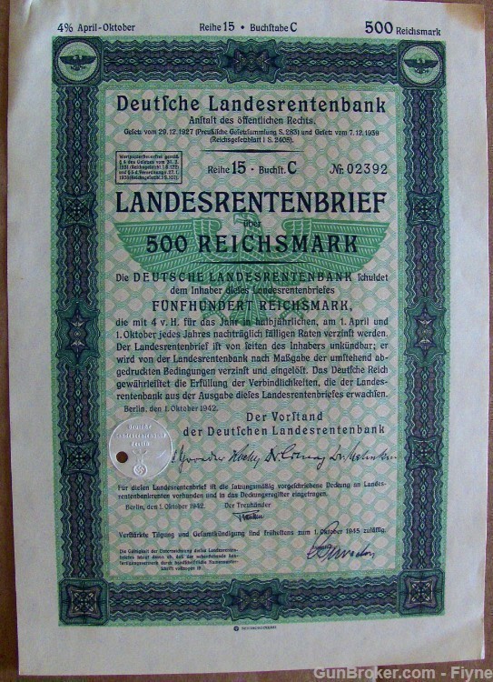 German WWII State Bank 500 RM bond with swastika, 1942-img-1