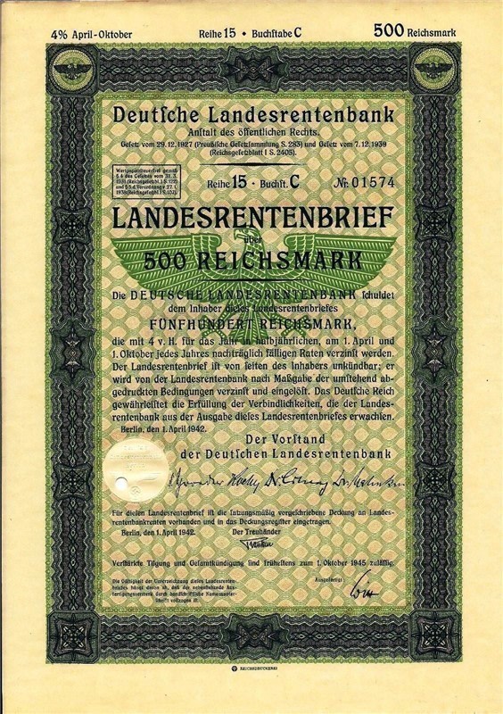 German WWII State Bank 500 RM bond with swastika, 1942-img-0