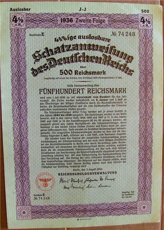 German WWII Treasury Loan 500 Reichsmarks 1936 uncancelled-img-0