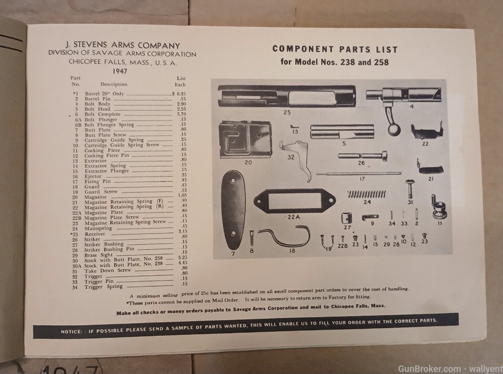 J. Stevens Arms Company 1947 Component Parts Price List Rifles Pistols plus-img-3