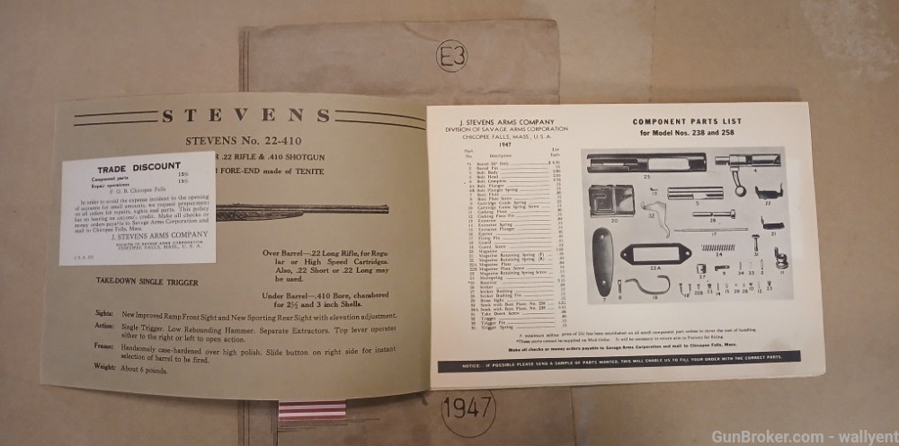 J. Stevens Arms Company 1947 Component Parts Price List Rifles Pistols plus-img-1