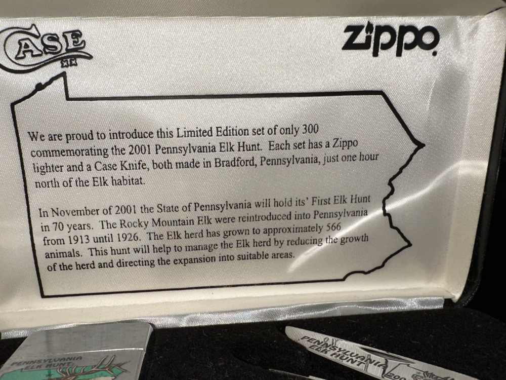RARE 2001 PA Elk Hunter Case Knife & Zippo Set – 1 of 300 – UNUSED -img-3