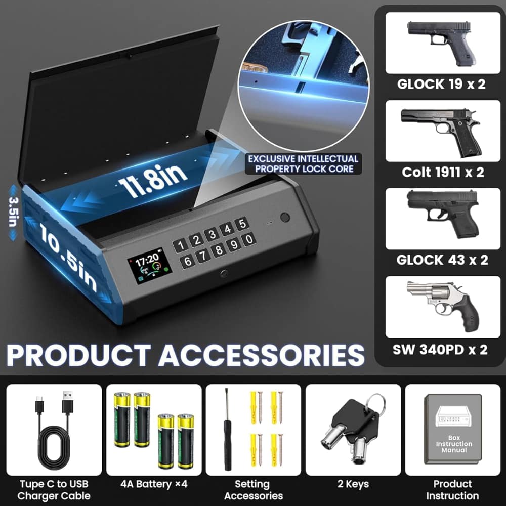 Pistol Gun Safe w/Temp&Humid + Fingerprint/Code + Key Access 12"x10"x4"A35-img-2