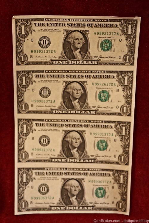 Sheet of 4 US $1 Bills - 1985 - Perfect Condition-img-0