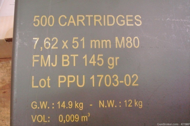 500 PPU .308 FMJ BT 145 grain Factory New Brass M80 .308 Ammunition-img-5