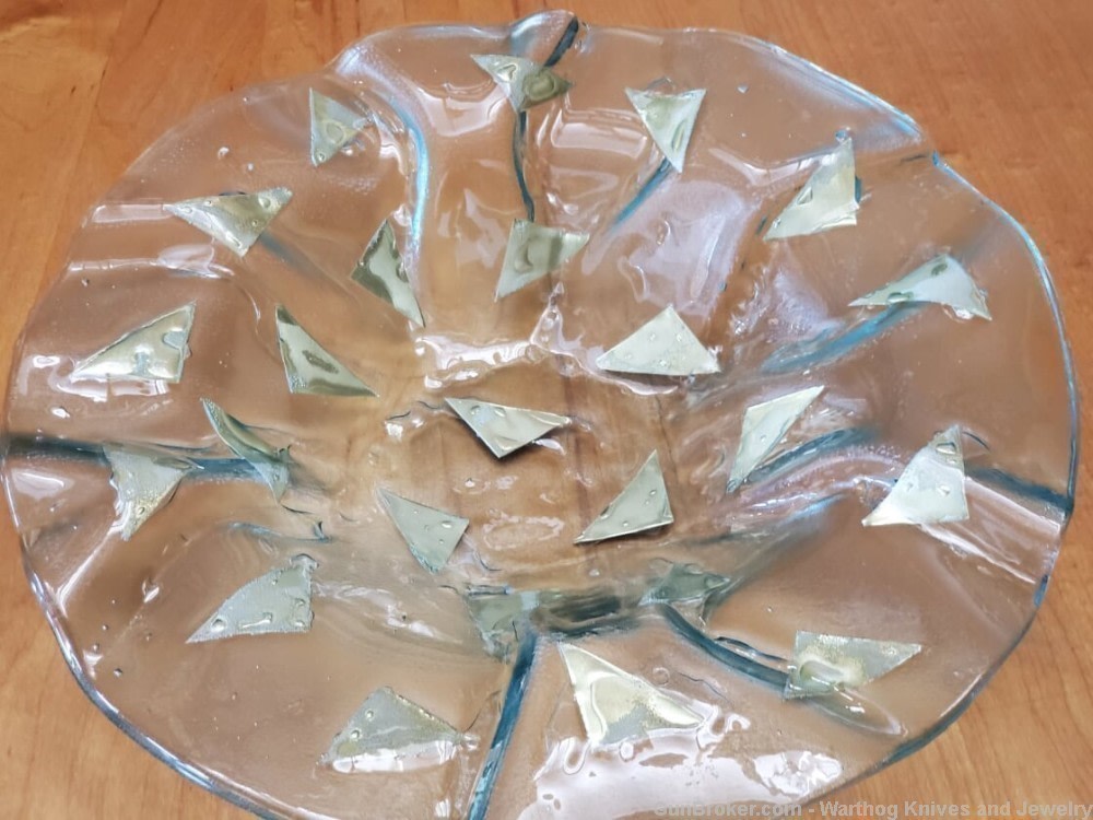 3 Pc Vintage Gold Leaf Sandwich Glass Large Serving Set.Green Tinted.Thick.-img-3