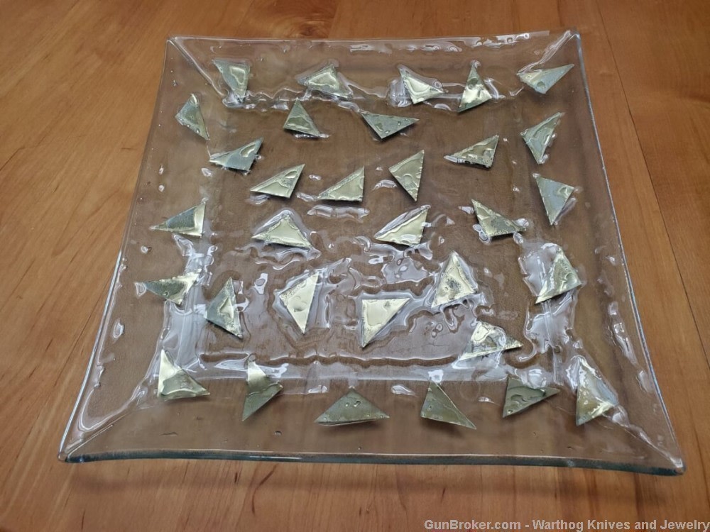 3 Pc Vintage Gold Leaf Sandwich Glass Large Serving Set.Green Tinted.Thick.-img-1