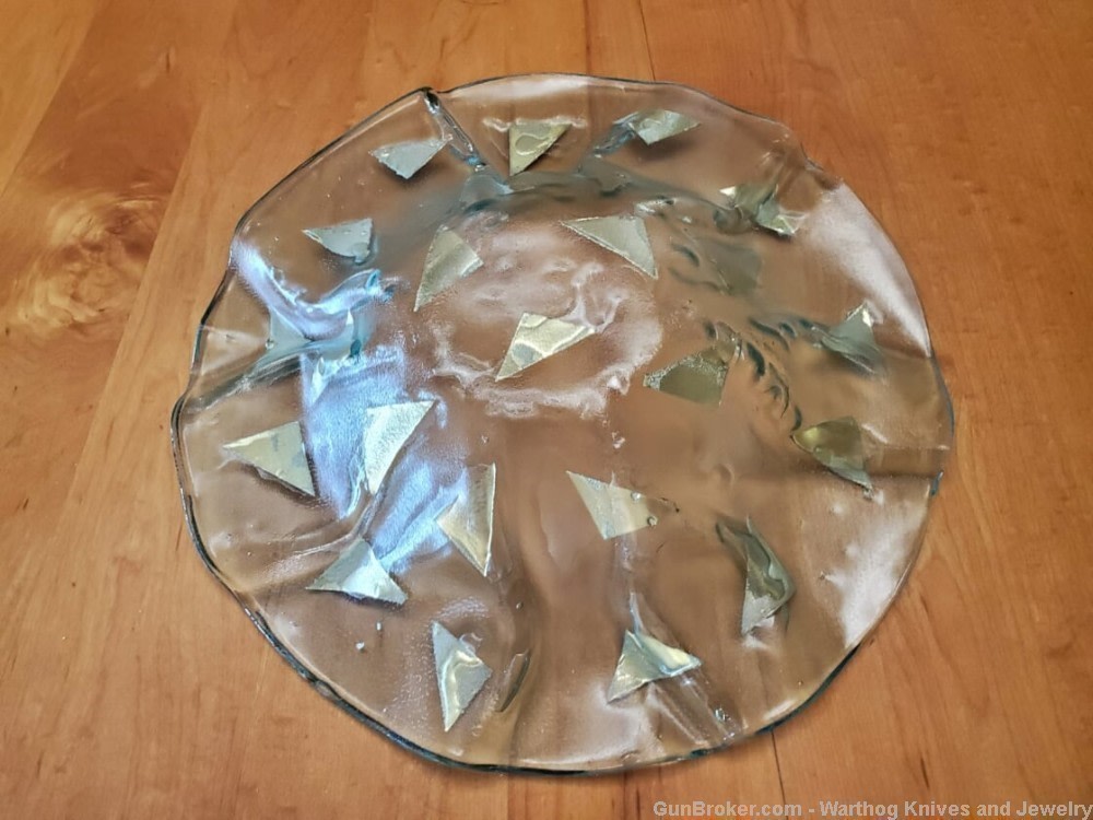 3 Pc Vintage Gold Leaf Sandwich Glass Large Serving Set.Green Tinted.Thick.-img-4