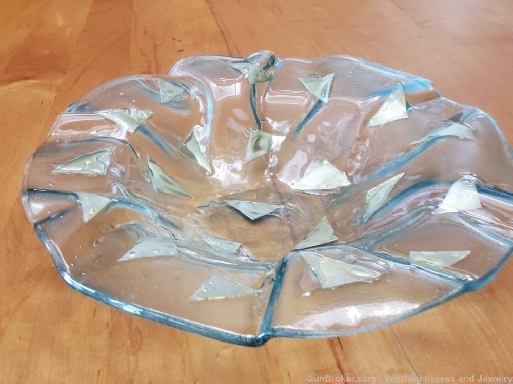 3 Pc Vintage Gold Leaf Sandwich Glass Large Serving Set.Green Tinted.Thick.-img-2