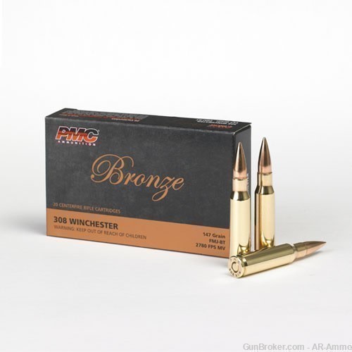 308 Win 7.62x51mm NATO 147 Grain FMJ PMC Bronze Ammo 100rds NO CC FEES..-img-1