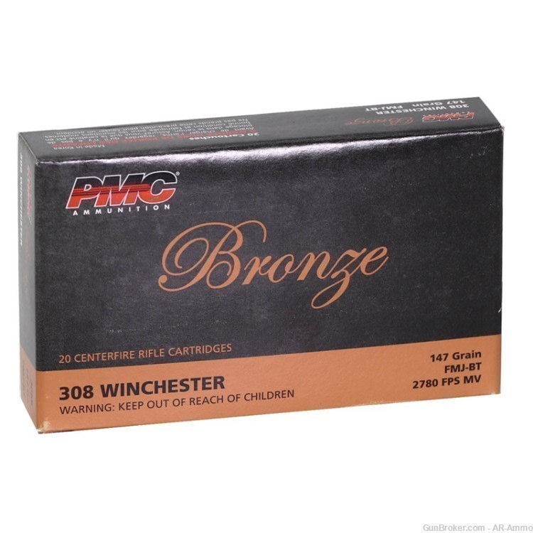 308 Win 7.62x51mm NATO 147 Grain FMJ PMC Bronze Ammo 100rds NO CC FEES..-img-0