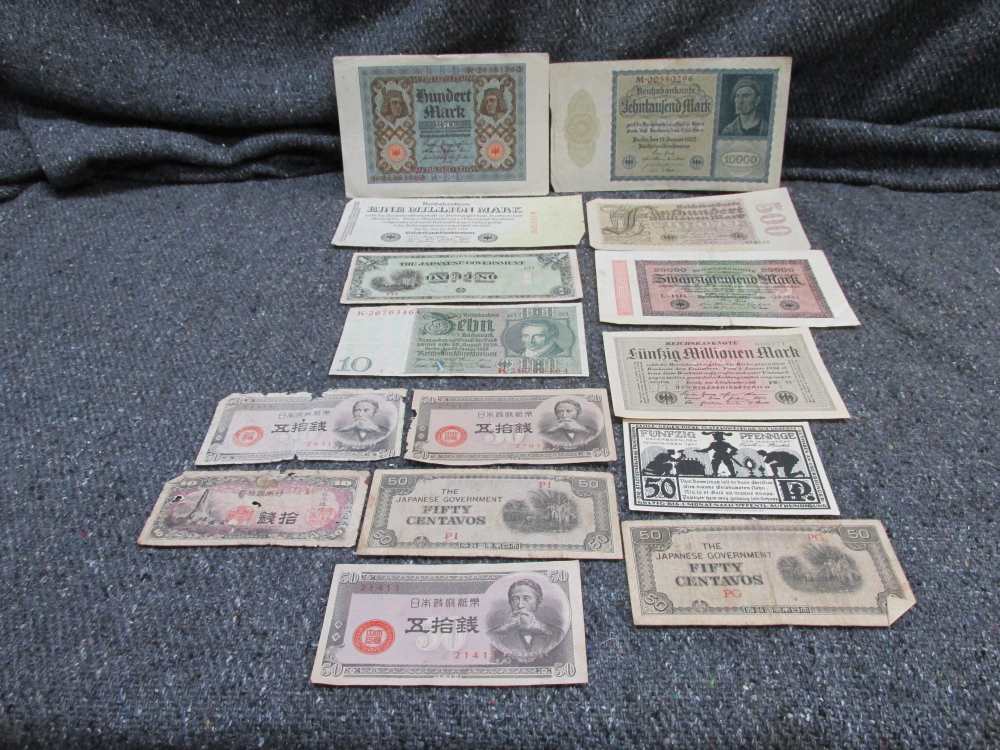 LOT OF 15 PIECES WWII ERA WORLDWIDE PAPER MONEY-ALL GERMAN & JAPANESE-img-0