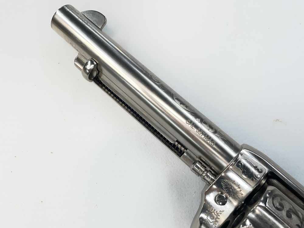 Taylor's & Co 1873 Outlaw Legacy nickel engraved 5.5" .357 mag SA revolver-img-9