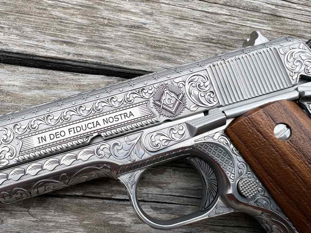 Colt 1911 Government Deep engraved Masonic lodge 45 acp Stainless-img-4