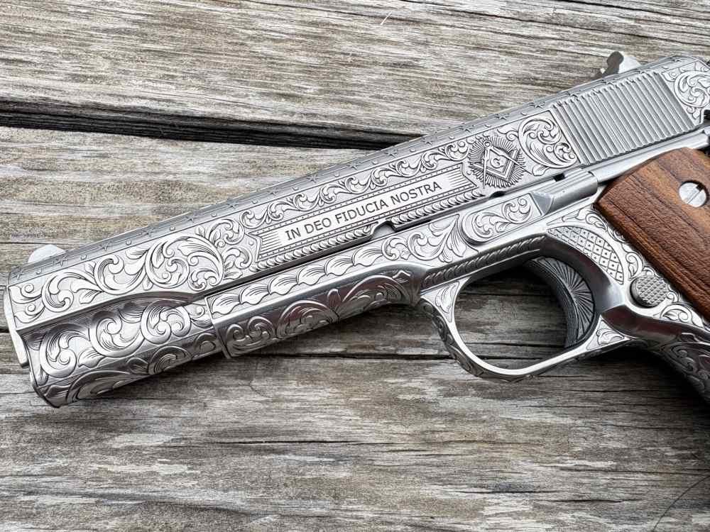 Colt 1911 Government Deep engraved Masonic lodge 45 acp Stainless-img-1