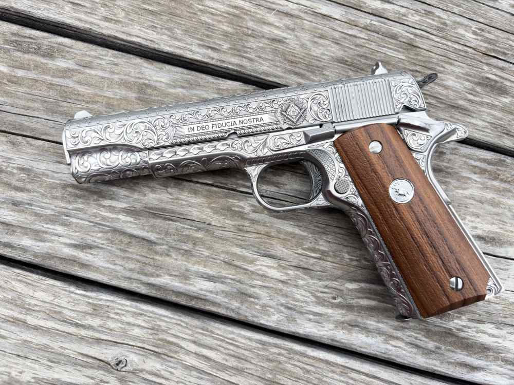 Colt 1911 Government Deep engraved Masonic lodge 45 acp Stainless-img-0
