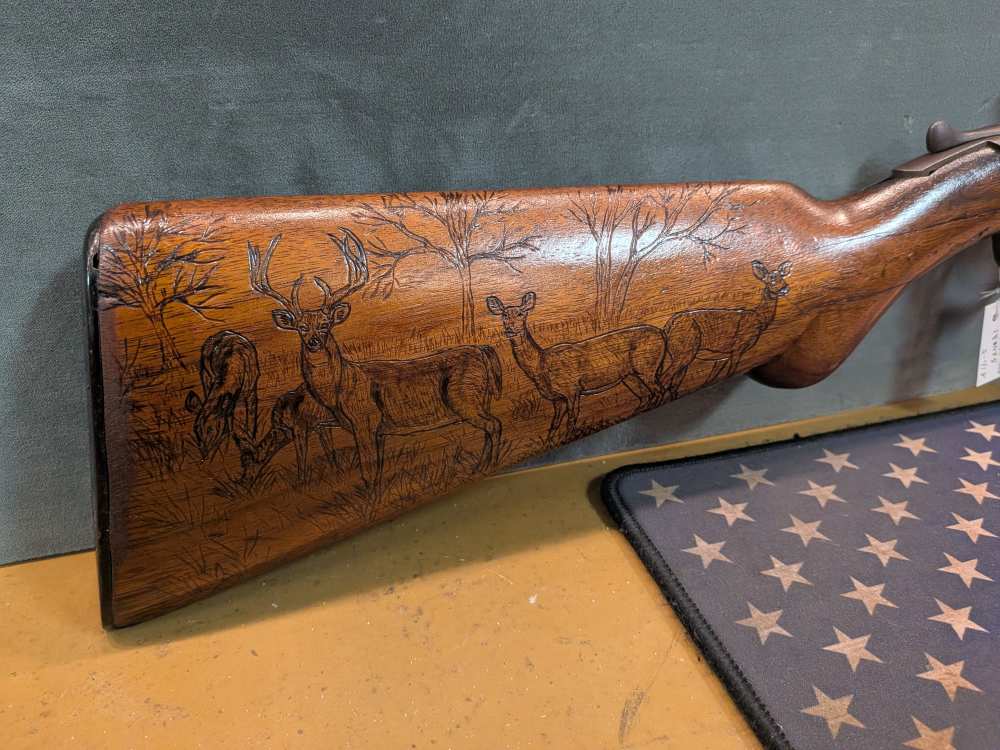 Harrington & Richardson 12gauge Single Shot - Custom Hand-Carved Deer Scene-img-2