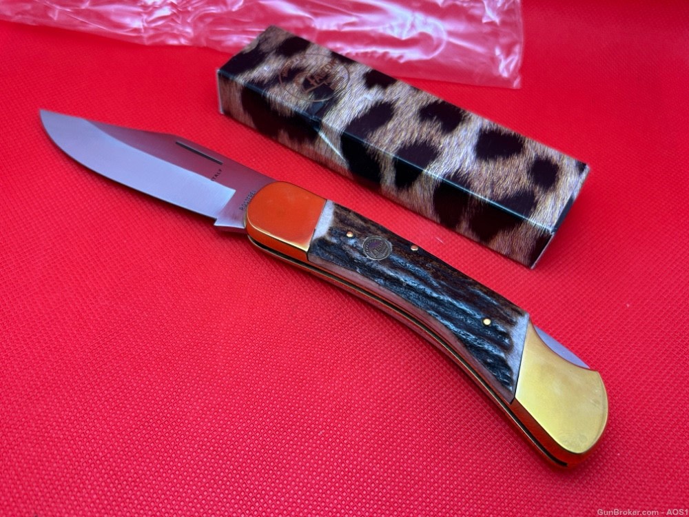 Vintage 1980’s Falcon Italy Handmade Large Stag Lock Back Pocket Knife NOS-img-0