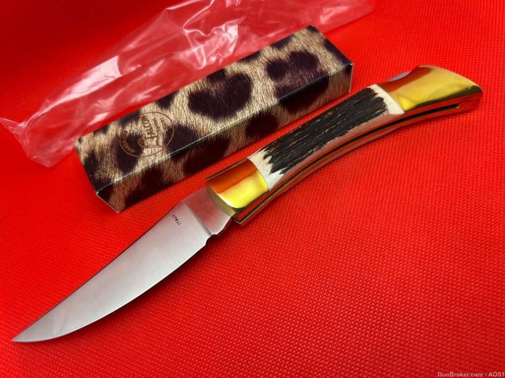 Vintage Falcon Blades Italy Stag Lockback Pocket Knife Sandvik Rostfrie NOS-img-1