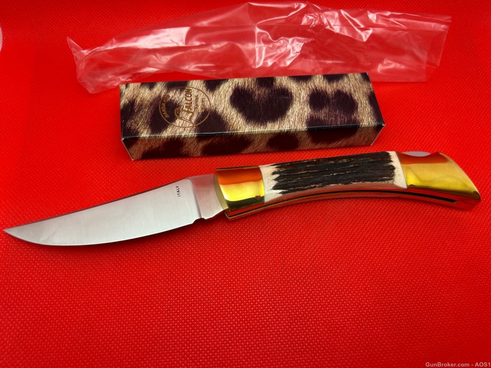 Vintage Falcon Blades Italy Stag Lockback Pocket Knife Sandvik Rostfrie NOS-img-0