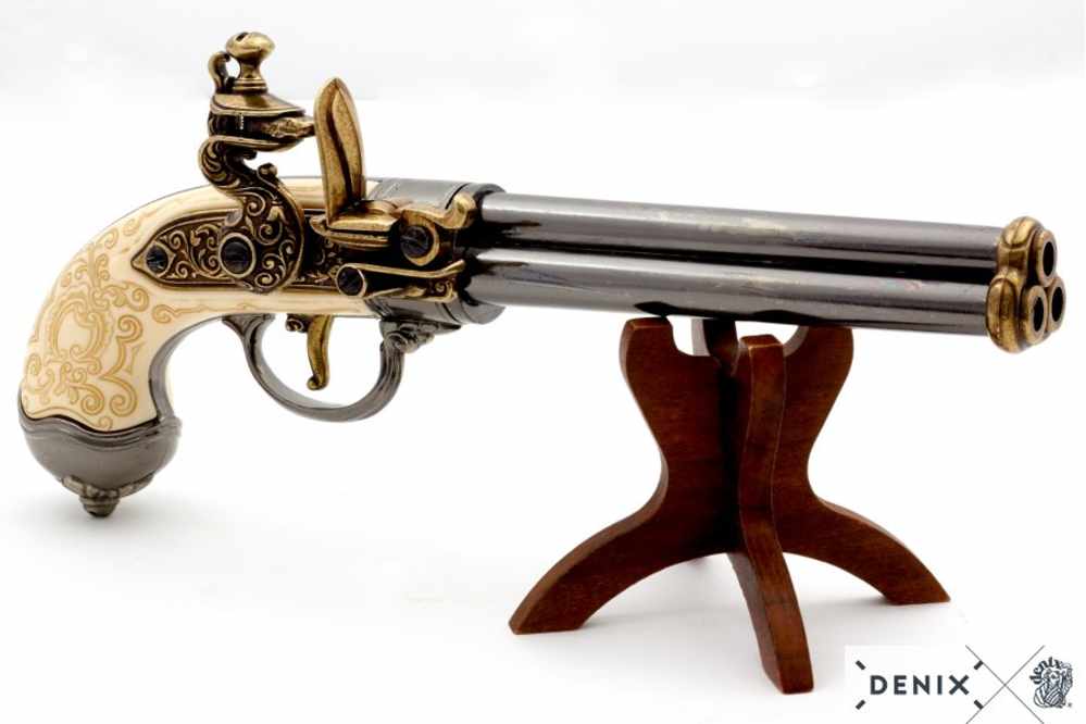 1680 Italian Replica 3 Barrel Flintlock Pistol by Denix of Spain-img-6