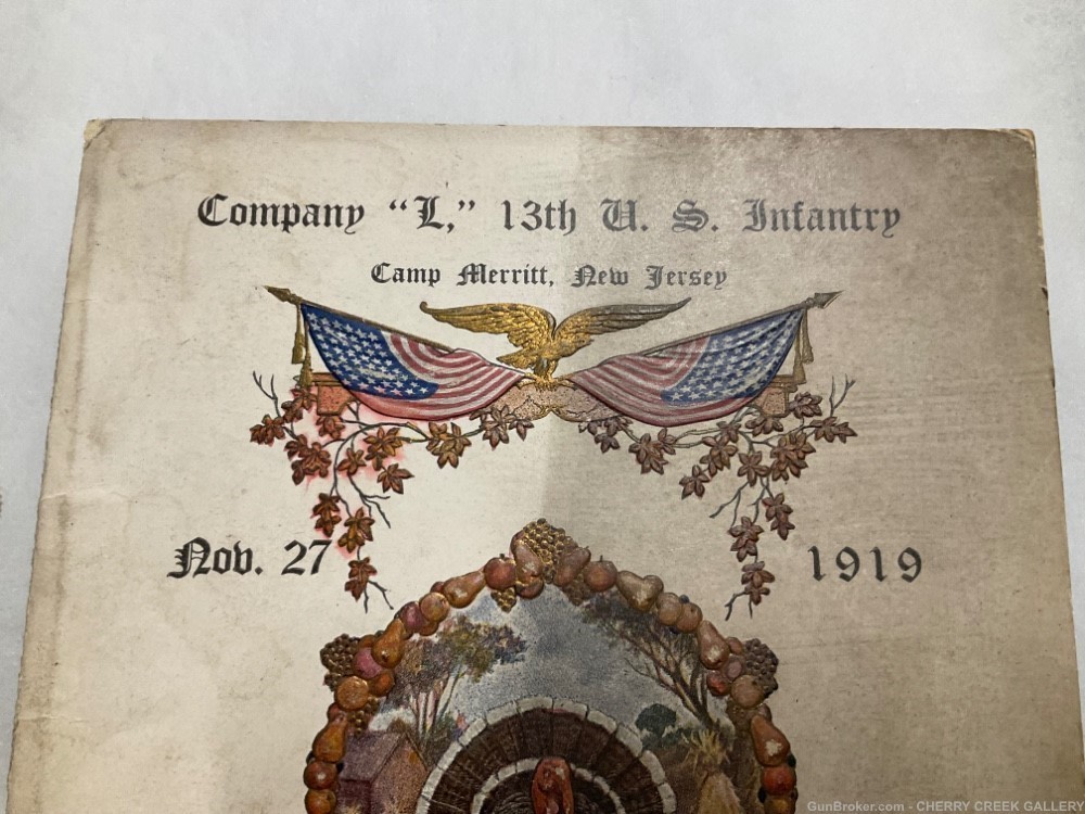Antique Camp Merritt US Infantry thanksgiving menu 1919 company L 13th army-img-2