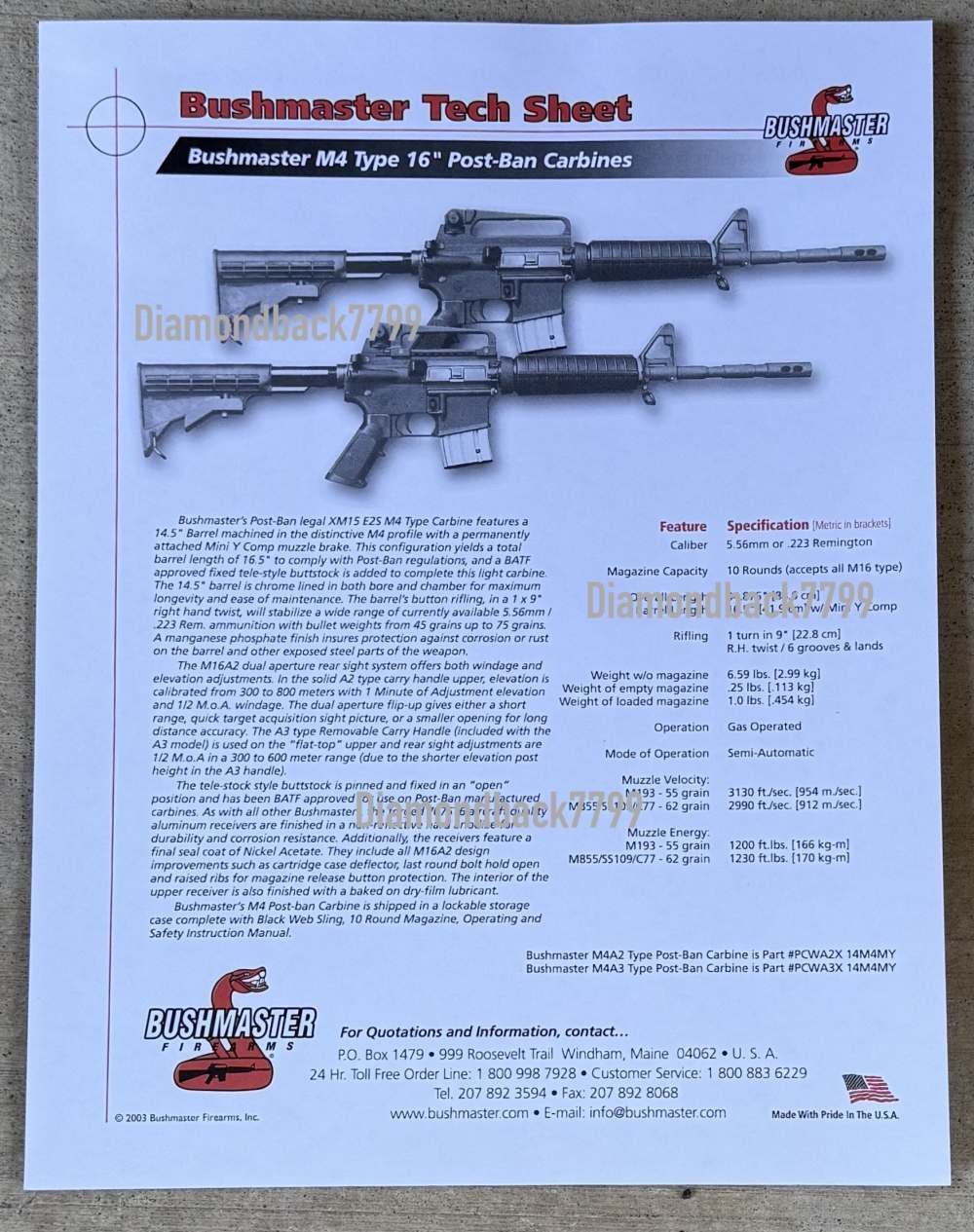 BUSHMASTER Specification Tech Sheet AR-15 M4 16" POST BAN Carbine-img-0