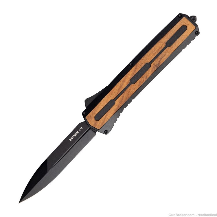 Tekto A7 Zastava OTF Automatic Knife Black Coated Spear Point/Brown Wood-img-0