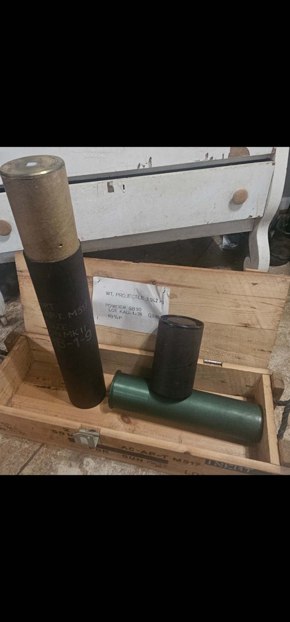 Inert 90mm M517 Cold War Cannon Set 100% All-Matching Crate Brass & Paperwo-img-0