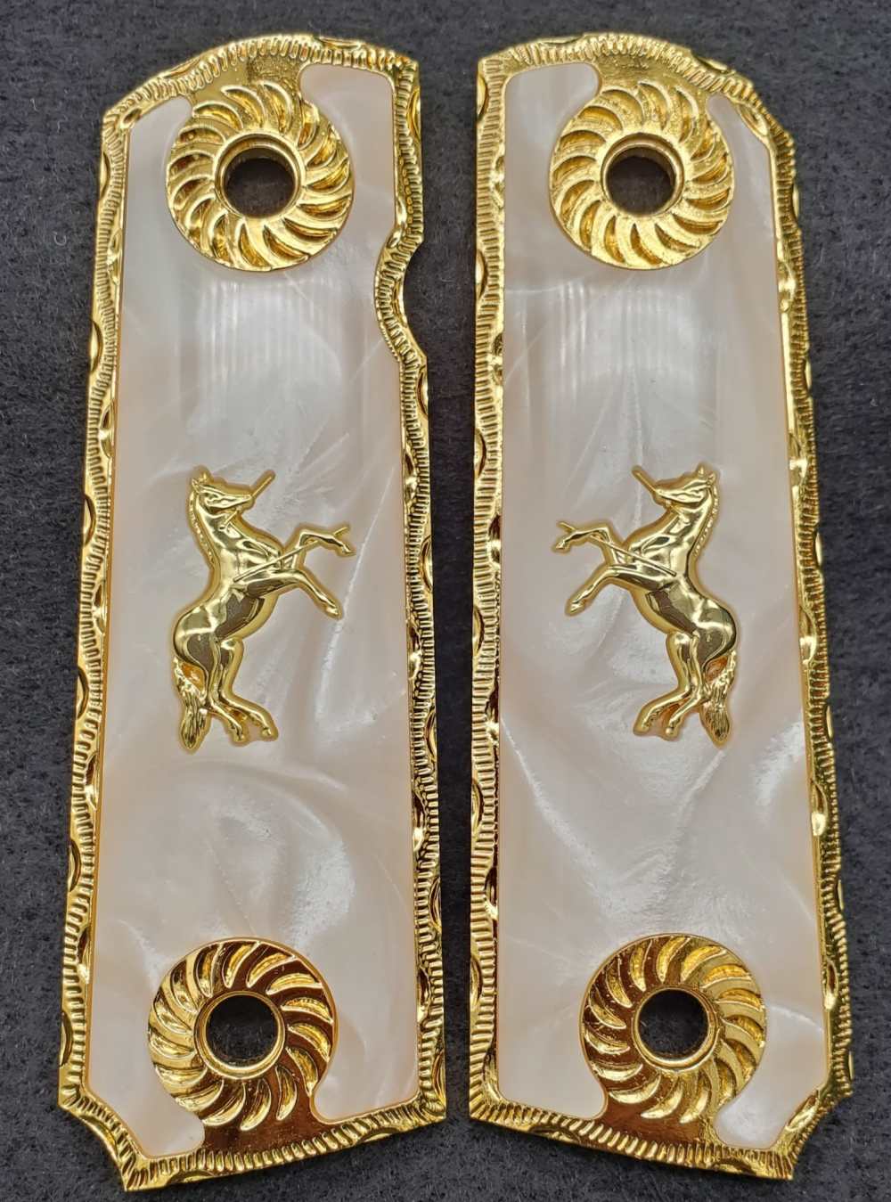1911 Pearl White Grips in Gold frame with Colt Pony 38 Super 45.-img-0