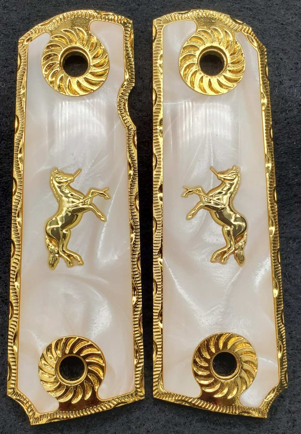 1911 Pearl White Grips in Gold frame with Colt Pony 38 Super 45.-img-1