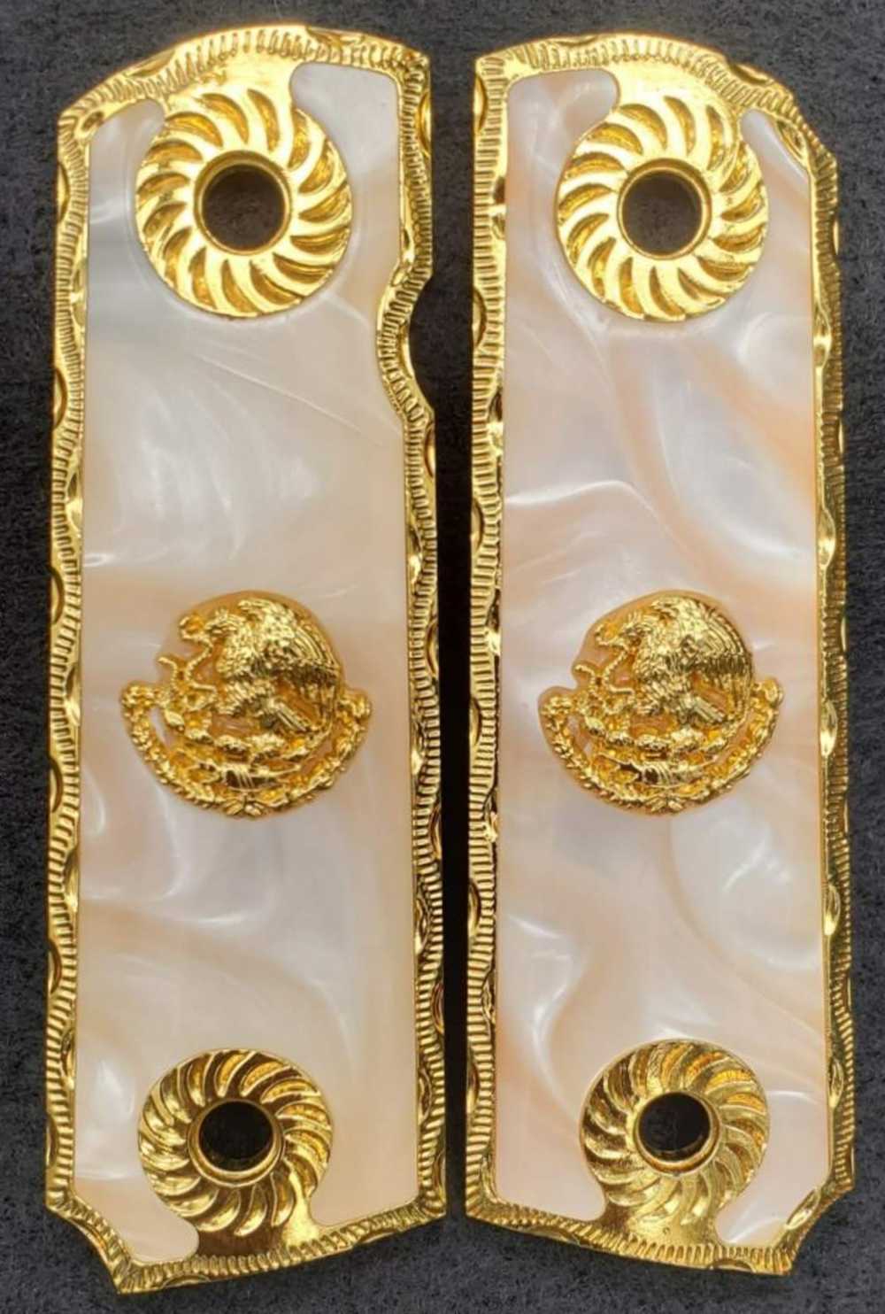 1911 Pearl White grips in Gold Frame with Mexican Eagle 38 Super 45.-img-0