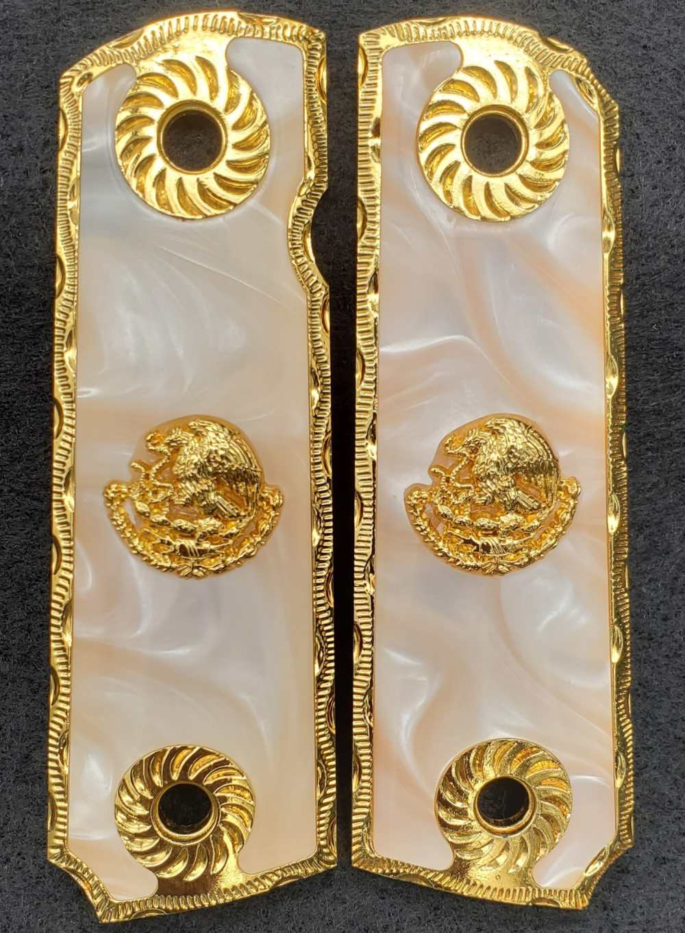 1911 Pearl White grips in Gold Frame with Mexican Eagle 38 Super 45.-img-1
