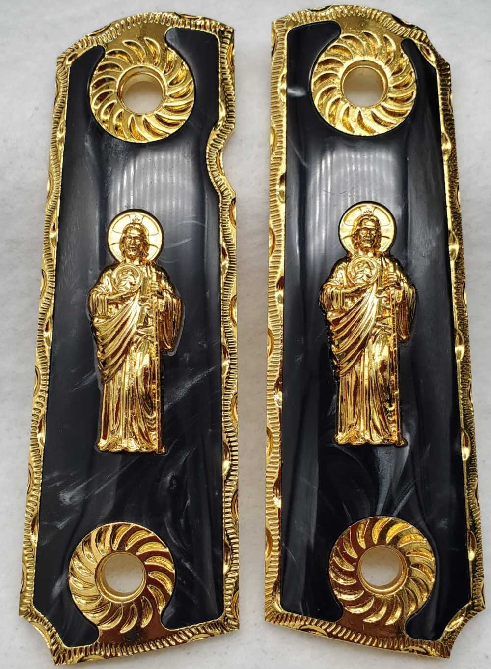 1911 Black pearl grips in gold frame with St. Jude/ San Judas-img-1