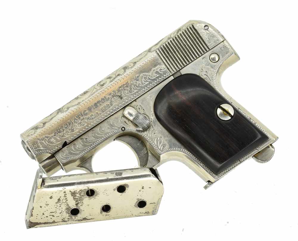 Engraved J. Cesar .25acp Vest-Pocket Ruby Style pistol Nickel Eibar Spain  -img-5