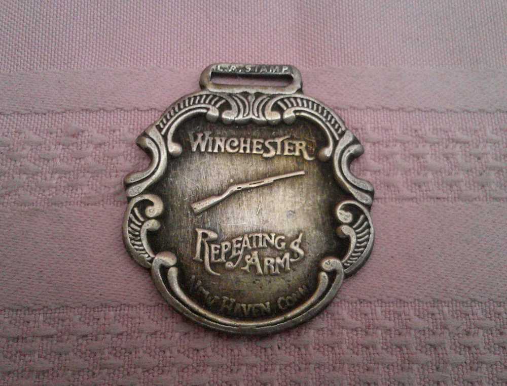 Rare Winchester Repeating Arms watch fob with raised rifle & leather strap!-img-2