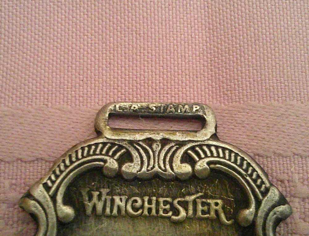 Rare Winchester Repeating Arms watch fob with raised rifle & leather strap!-img-3