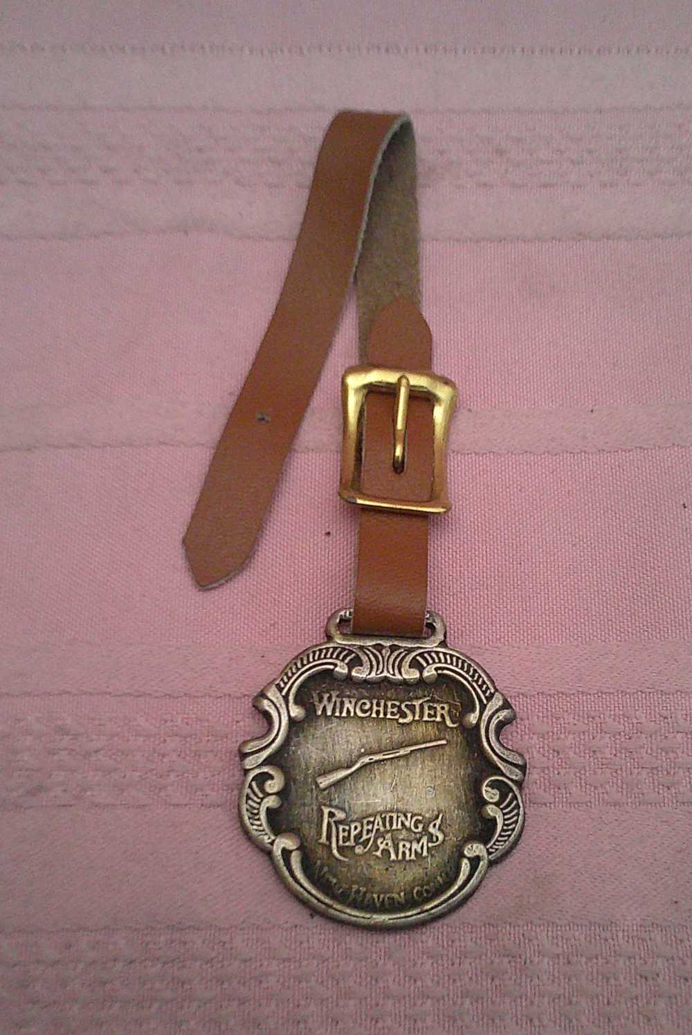Rare Winchester Repeating Arms watch fob with raised rifle & leather strap!-img-0