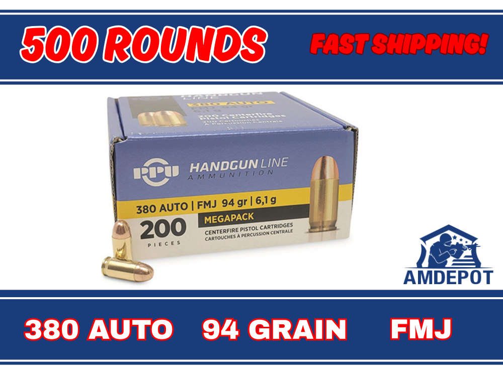 500 Rounds - 380 ACP 94 Grain Brass FMJ Prvi Partizan Handgun Ammo PPU-img-0