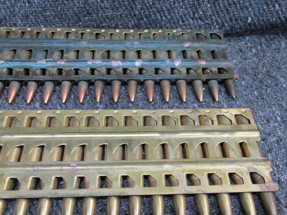 60 ROUNDS WWII JAPANESE 7.7x58mm SEMI RIMMED AMMO ON 2 BRASS MG FEED STRIPS-img-3