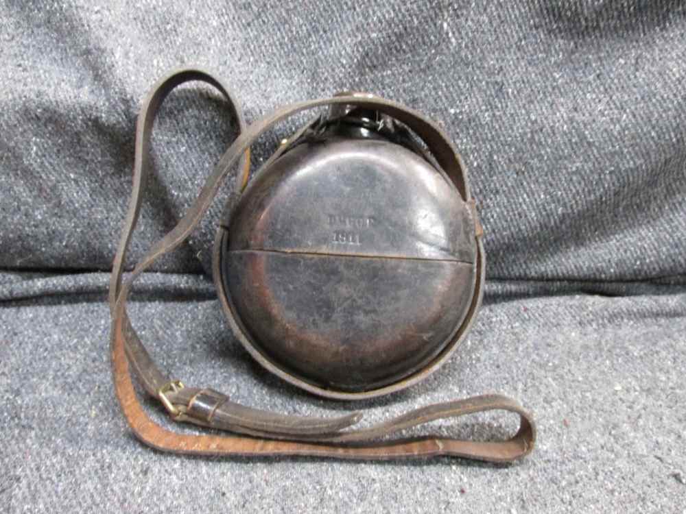 WWI ERA 1910 DATED LEATHER COVERED GLASS PORTUGUESE CANTEEN AND CARRY STRAP-img-0