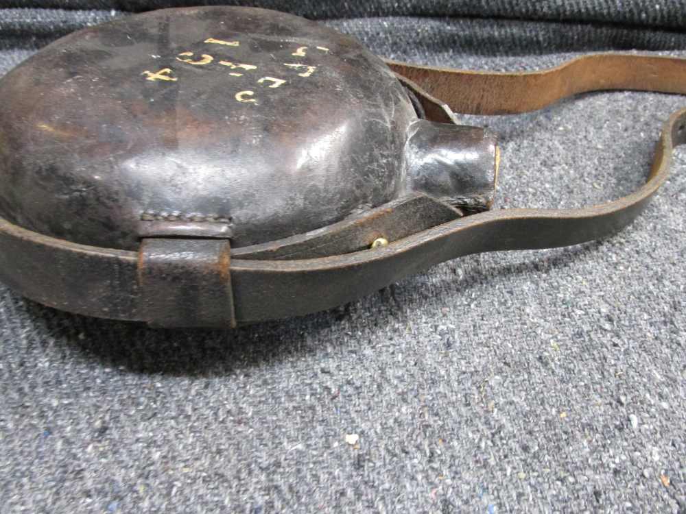 WWI ERA 1910 DATED LEATHER COVERED GLASS PORTUGUESE CANTEEN AND CARRY STRAP-img-6