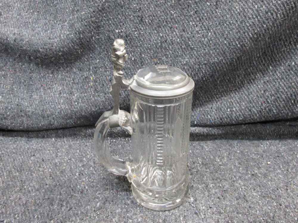 NICE CUT GLASS STEIN WITH MONOGRAMED GLASS/METAL LID & LITTLE MAN-img-1