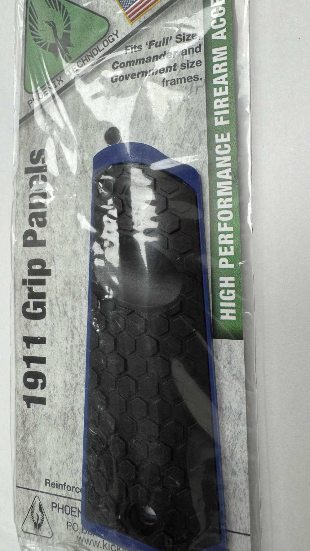 1911 GRIP PANELS, FITS FULL SIZE FRAME,HONEYCOMB-BLACK/BLUE, US MADE.-img-1