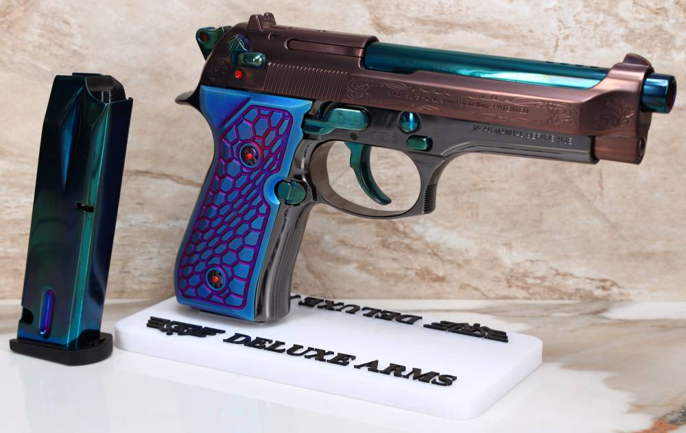 CUSTOM! Beretta 92FS Ported 9mm w/Blue & Bronze PVD Scrollwork Black Chrome-img-0