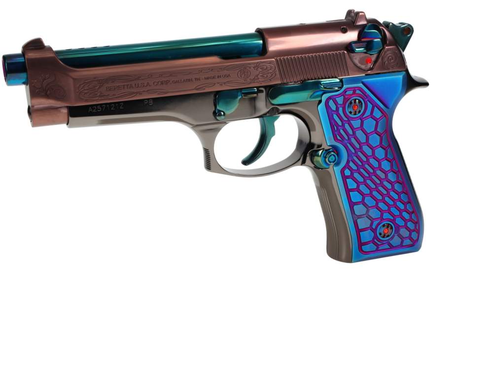 CUSTOM! Beretta 92FS Ported 9mm w/Blue & Bronze PVD Scrollwork Black Chrome-img-10